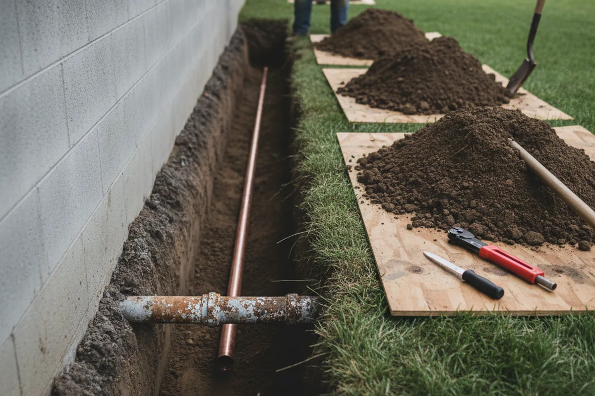 Excavated water line trench during Sewer Line Repair in Dolan Springs